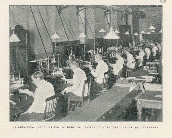 Labour saving device for folding and fastening acknowledgements and warrants, c1890s